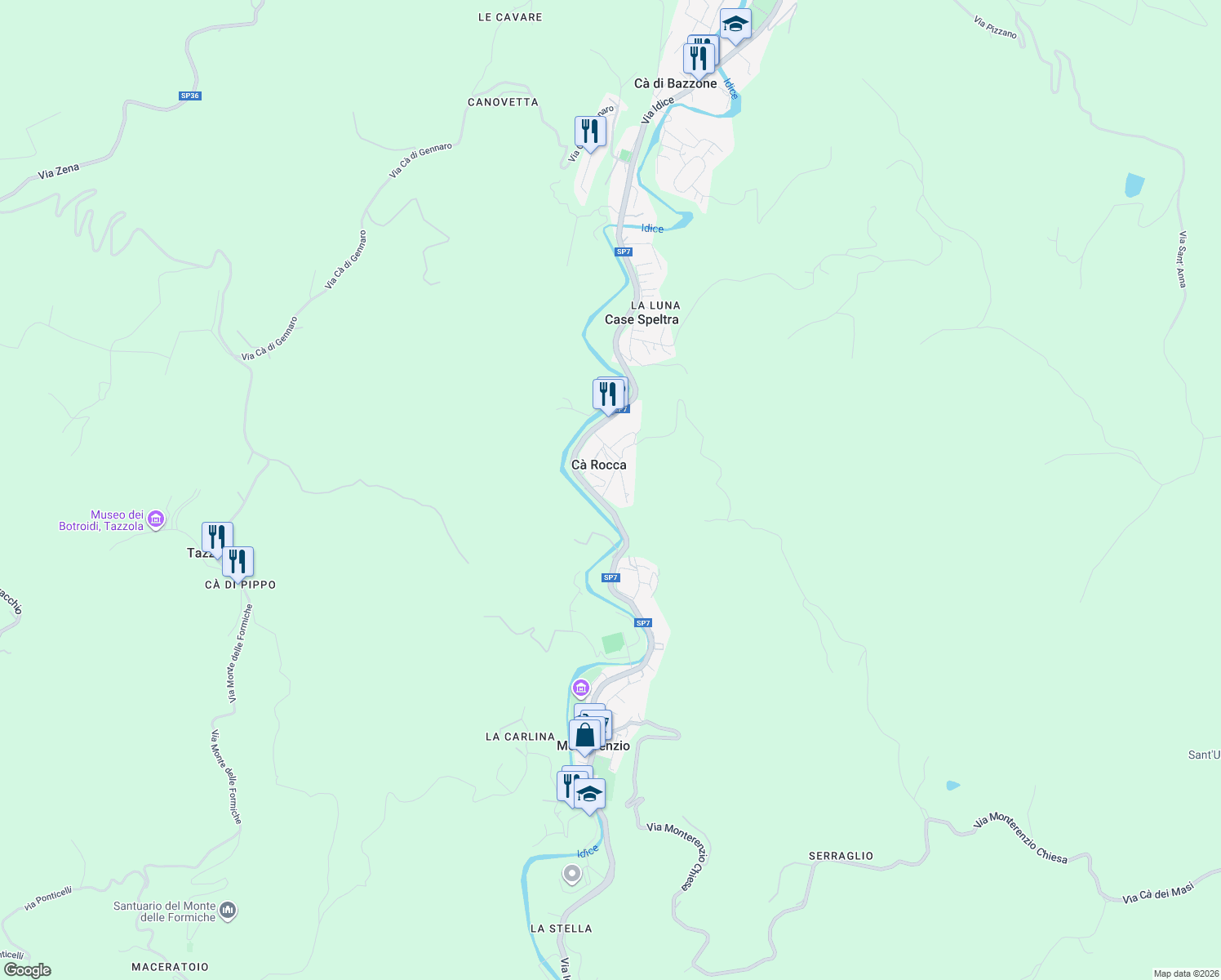 map of restaurants, bars, coffee shops, grocery stores, and more near 14 Via Costituzione in La Rocca