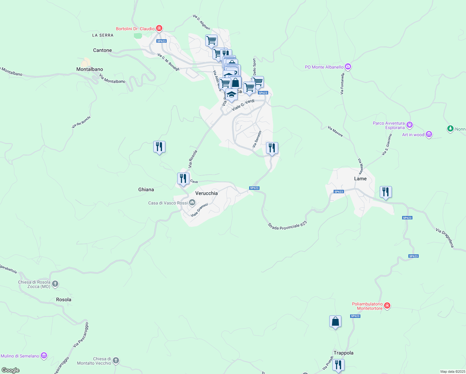 map of restaurants, bars, coffee shops, grocery stores, and more near 739 Viale Gramsci in Verucchia