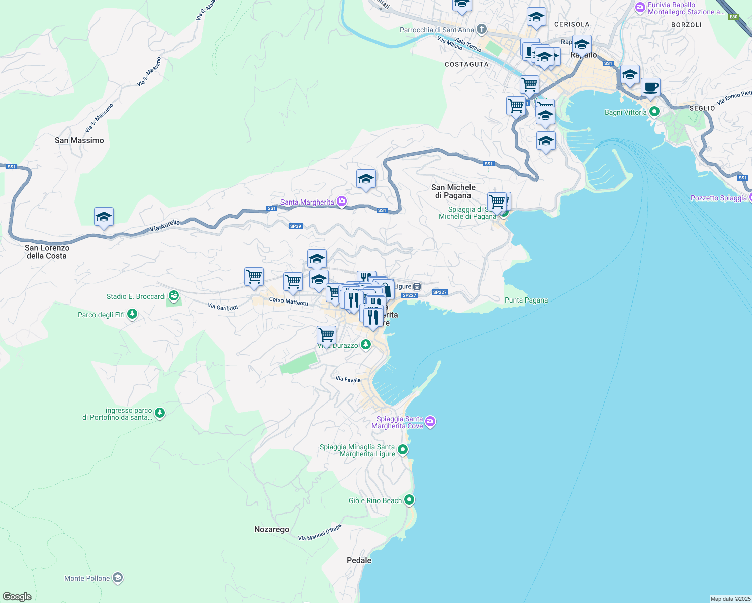 map of restaurants, bars, coffee shops, grocery stores, and more near 33 Via dell'Arco in Santa Margherita Ligure