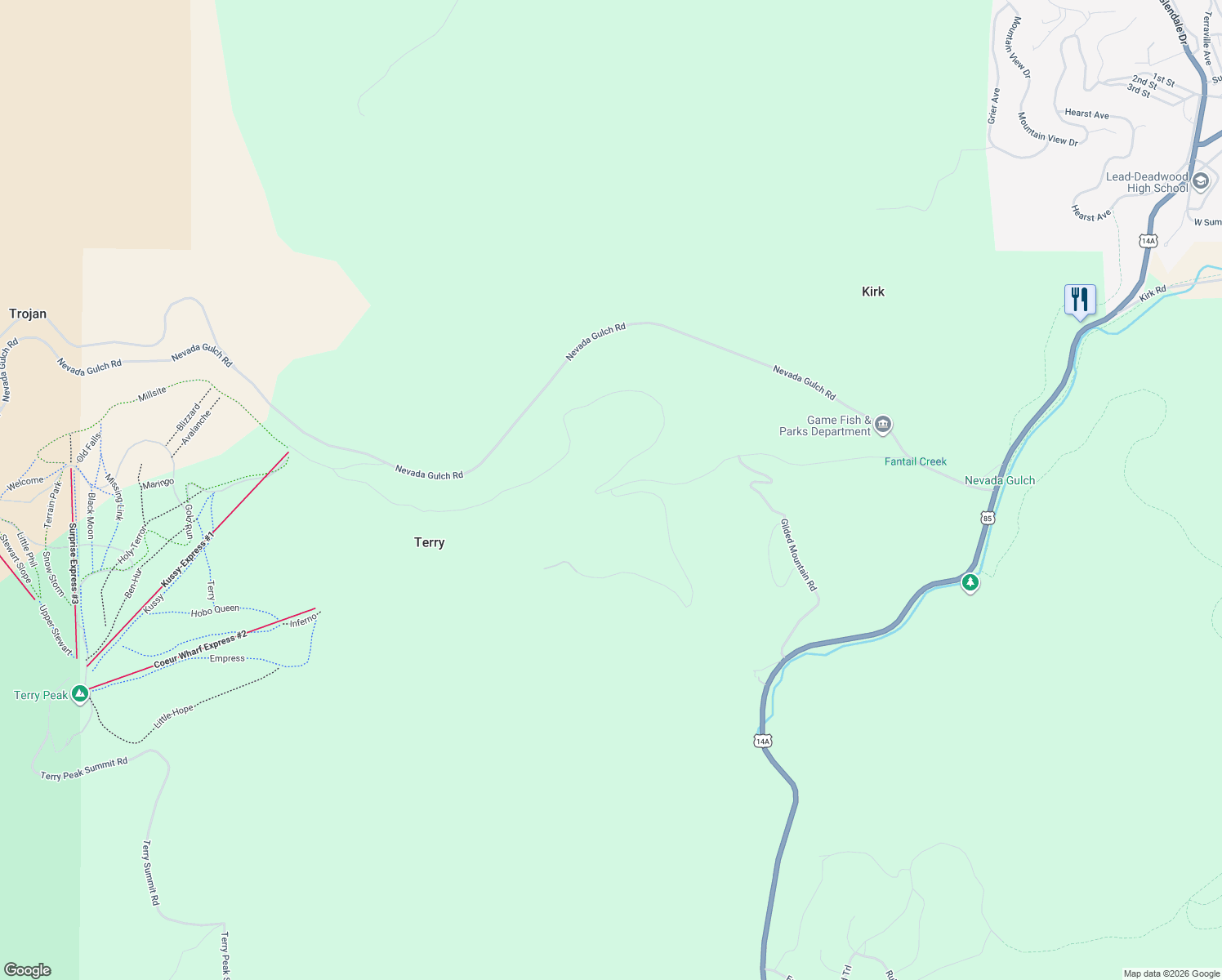 map of restaurants, bars, coffee shops, grocery stores, and more near Fantail Creek Road in Lawrence County