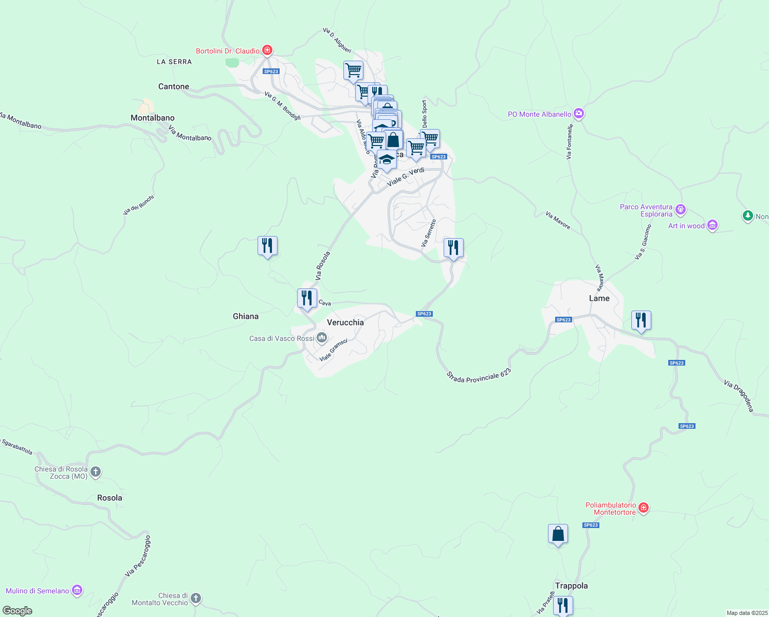 map of restaurants, bars, coffee shops, grocery stores, and more near 739 Viale Gramsci in Verucchia