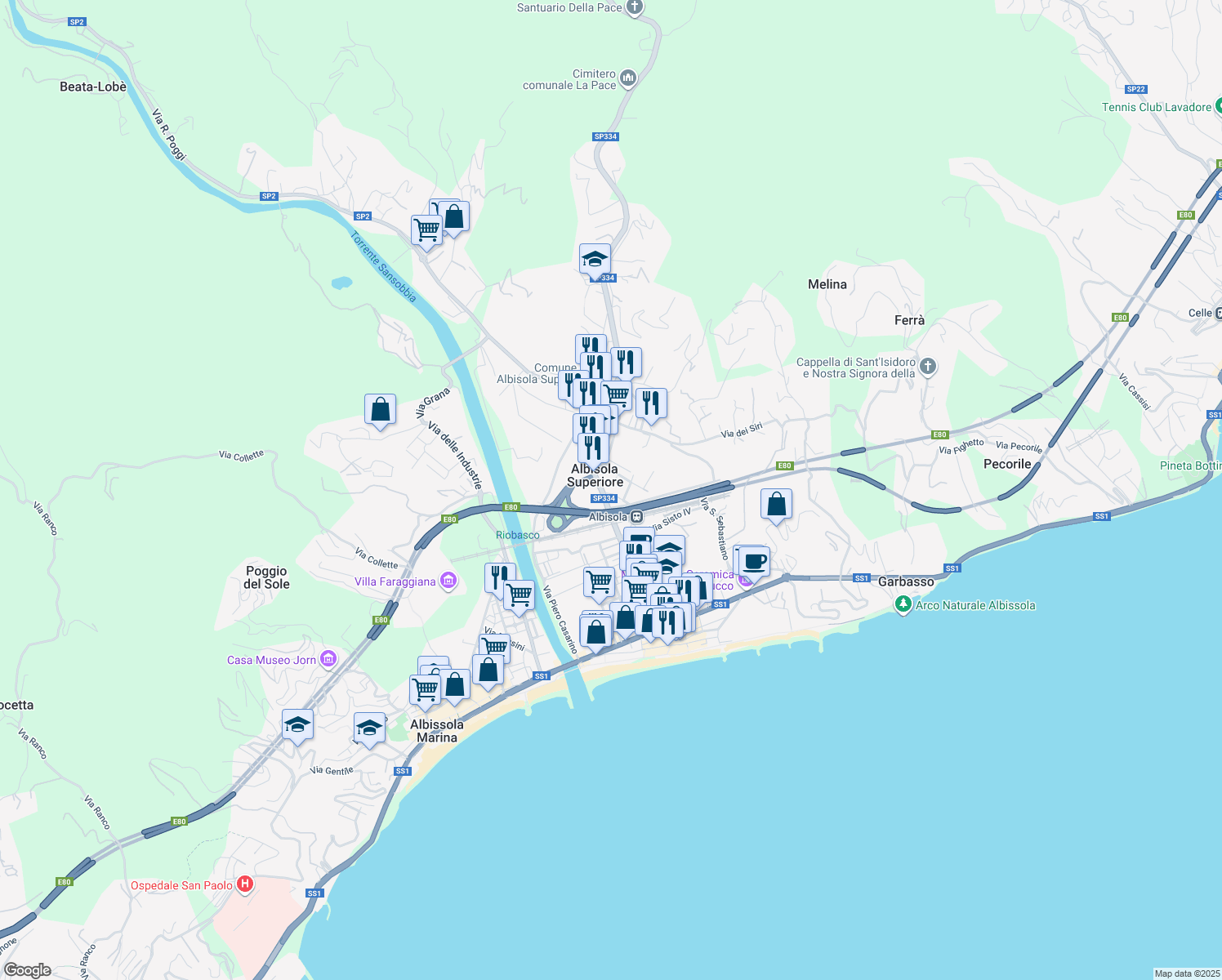 map of restaurants, bars, coffee shops, grocery stores, and more near 118 Via San Pietro in Albisola Superiore