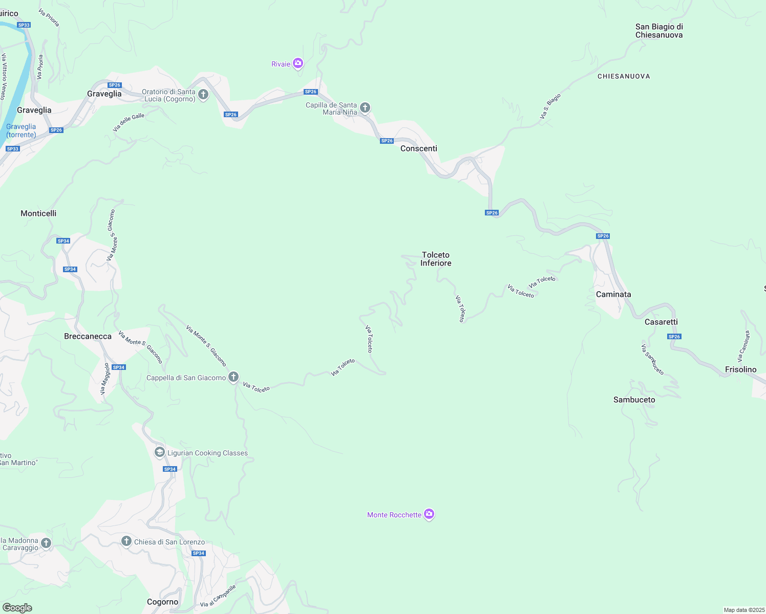 map of restaurants, bars, coffee shops, grocery stores, and more near 62 Via Tolceto in Città Metropolitana di Genova
