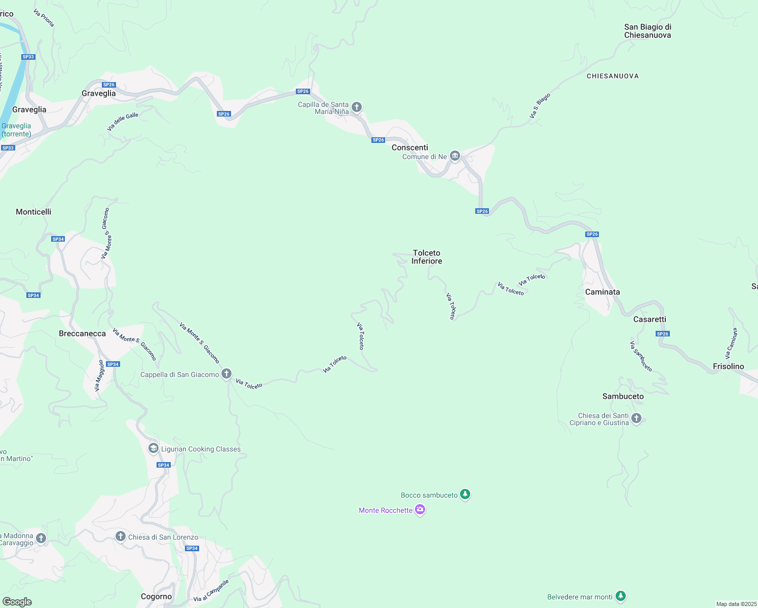 map of restaurants, bars, coffee shops, grocery stores, and more near 62 Via Tolceto in Città Metropolitana di Genova