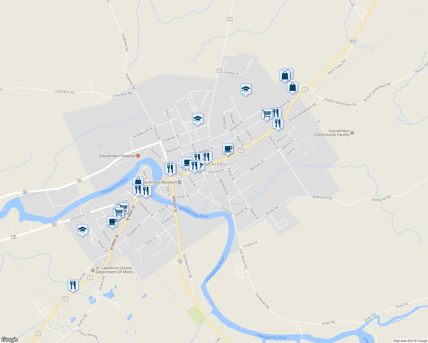 map of restaurants, bars, coffee shops, grocery stores, and more near Beckwith Street & Sterling Street in Gouverneur