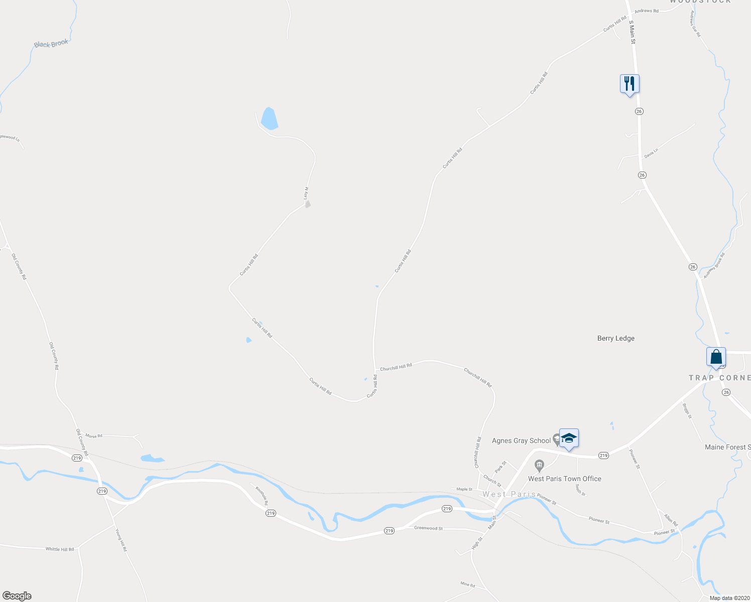 map of restaurants, bars, coffee shops, grocery stores, and more near 1 Curtis Hill Road in West Paris