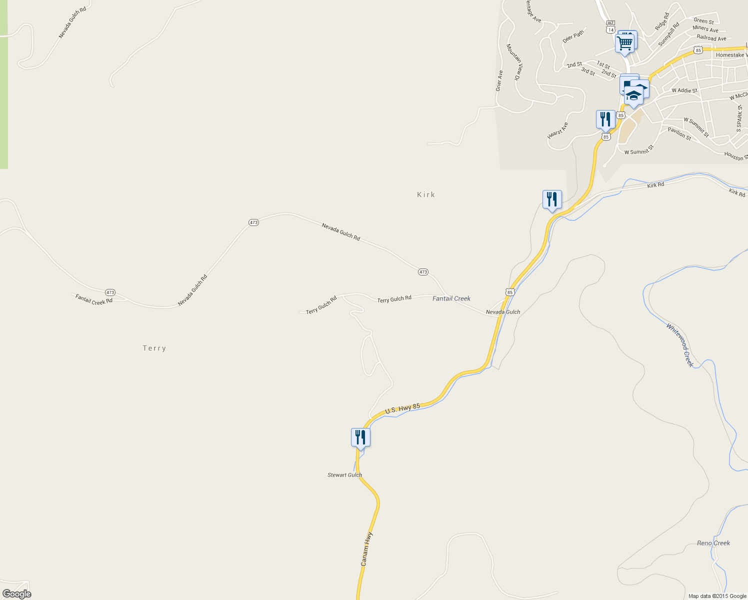 map of restaurants, bars, coffee shops, grocery stores, and more near Terry Gulch Road in Lead