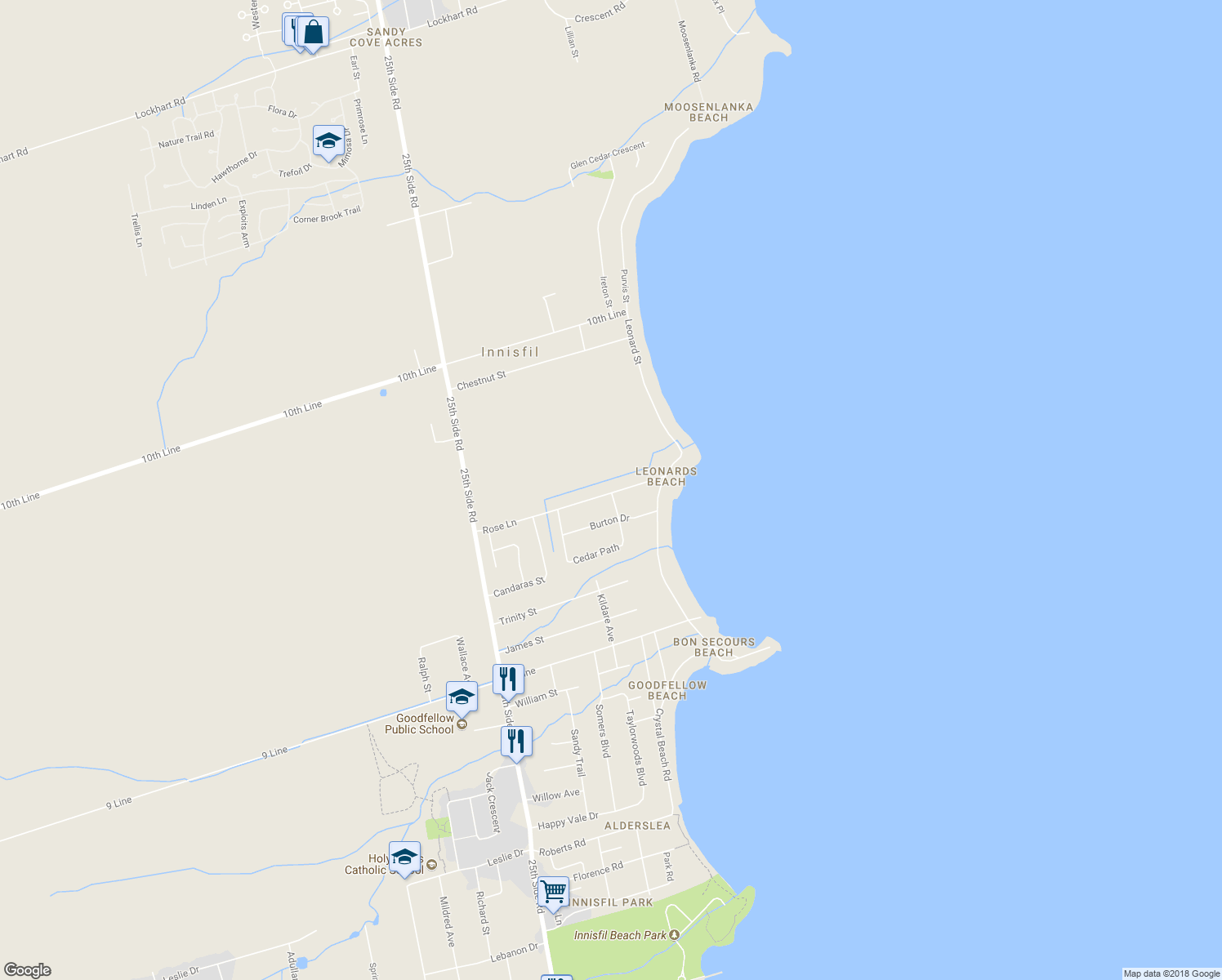 map of restaurants, bars, coffee shops, grocery stores, and more near 678 Rose Lane in Innisfil