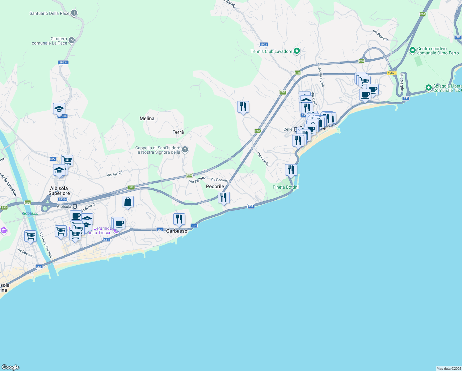 map of restaurants, bars, coffee shops, grocery stores, and more near 73 Via Pecorile in Celle Ligure