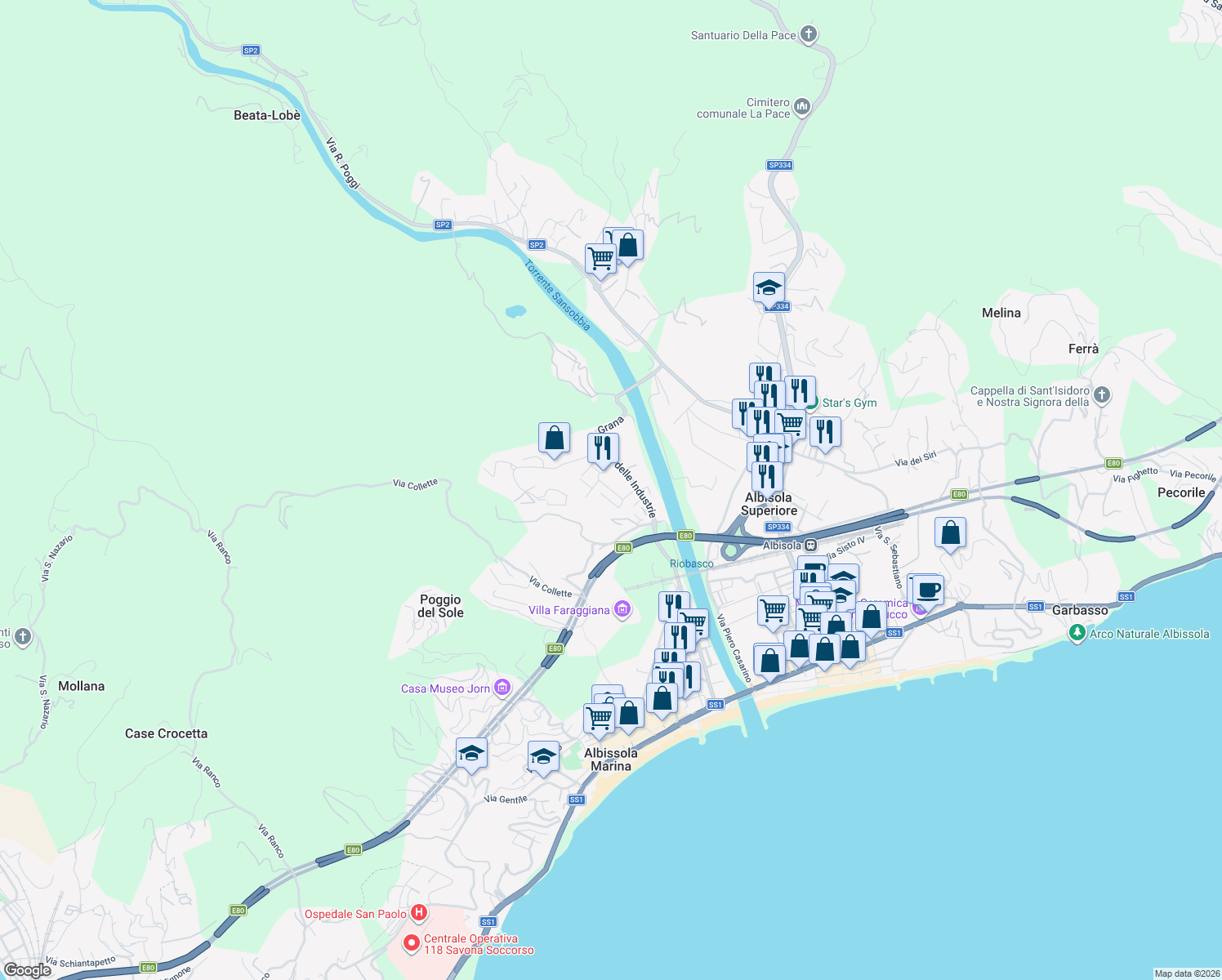 map of restaurants, bars, coffee shops, grocery stores, and more near Via Angelo Barile in Albissola Marina