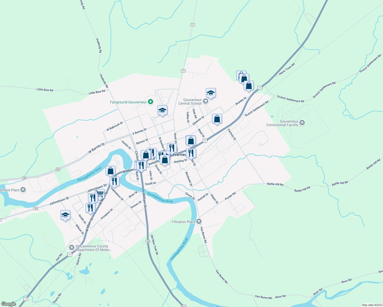 map of restaurants, bars, coffee shops, grocery stores, and more near 15 Depot Street in Gouverneur
