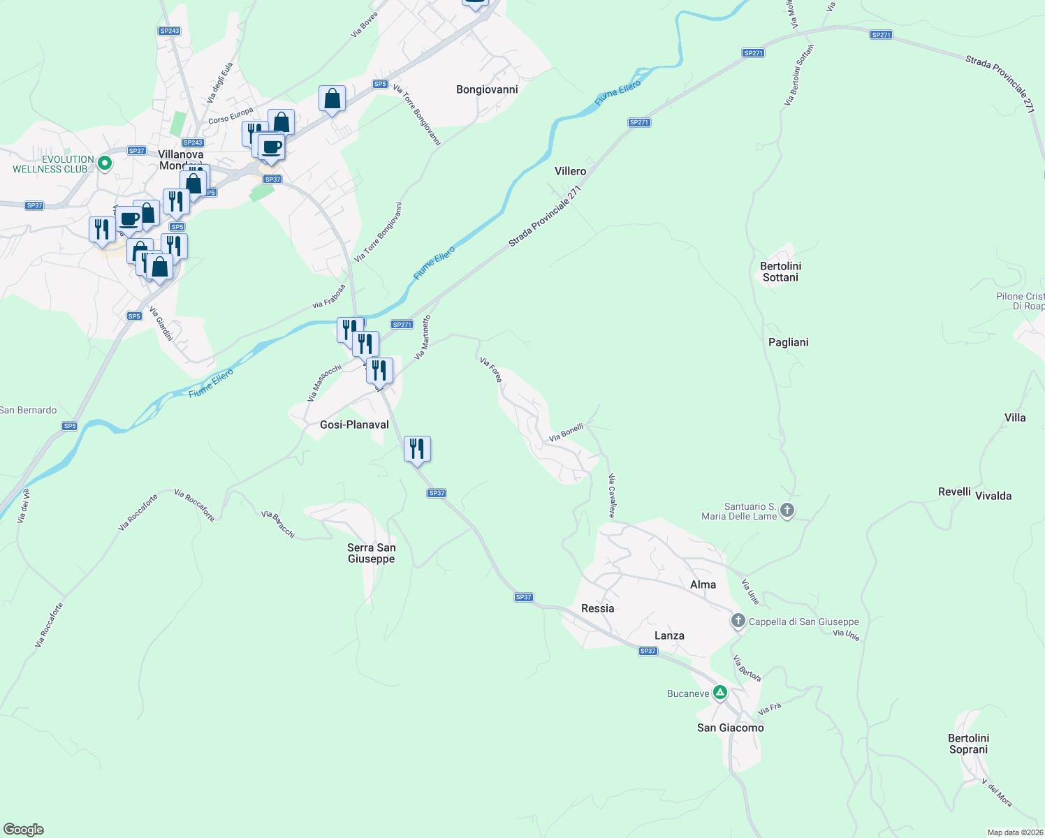 map of restaurants, bars, coffee shops, grocery stores, and more near 13 Via Forea in Provincia di Cuneo