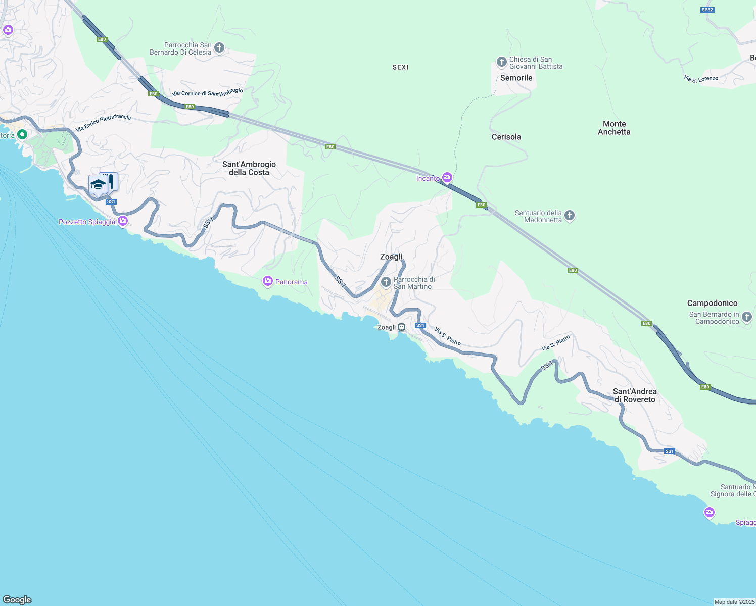 map of restaurants, bars, coffee shops, grocery stores, and more near 7 Via G. Merello in Zoagli