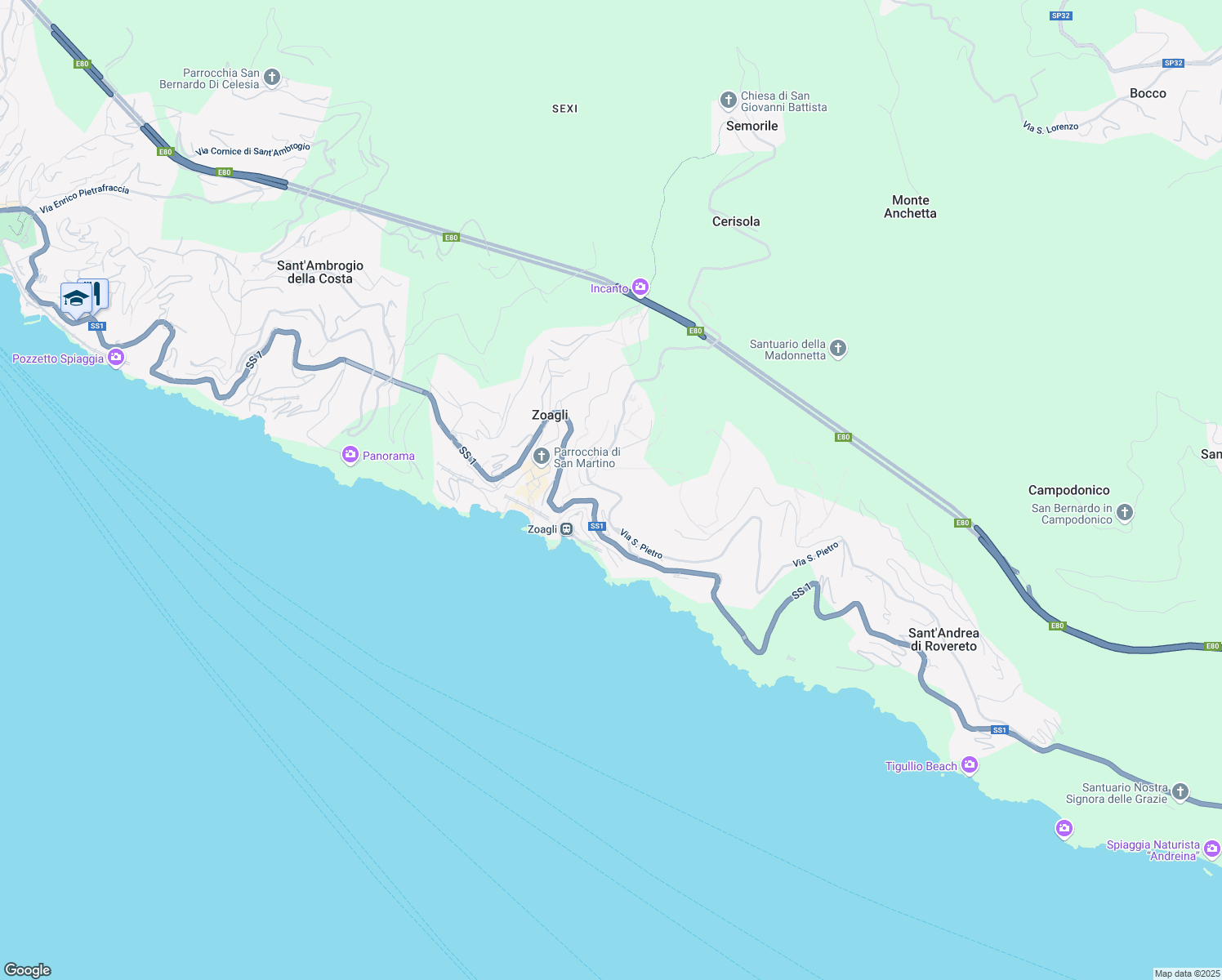 map of restaurants, bars, coffee shops, grocery stores, and more near 20 Via Solari e Queirolo in Zoagli