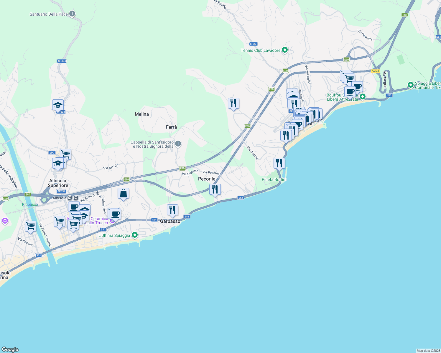 map of restaurants, bars, coffee shops, grocery stores, and more near 73 Via Pecorile in Celle Ligure