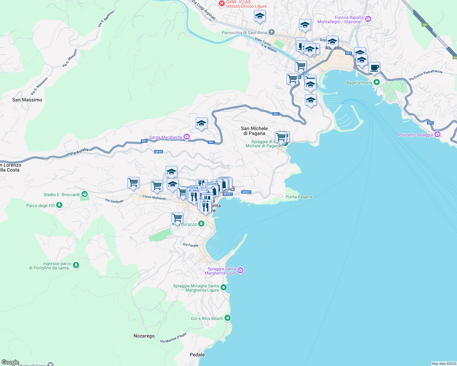 map of restaurants, bars, coffee shops, grocery stores, and more near 7 Via Fiume in Santa Margherita Ligure