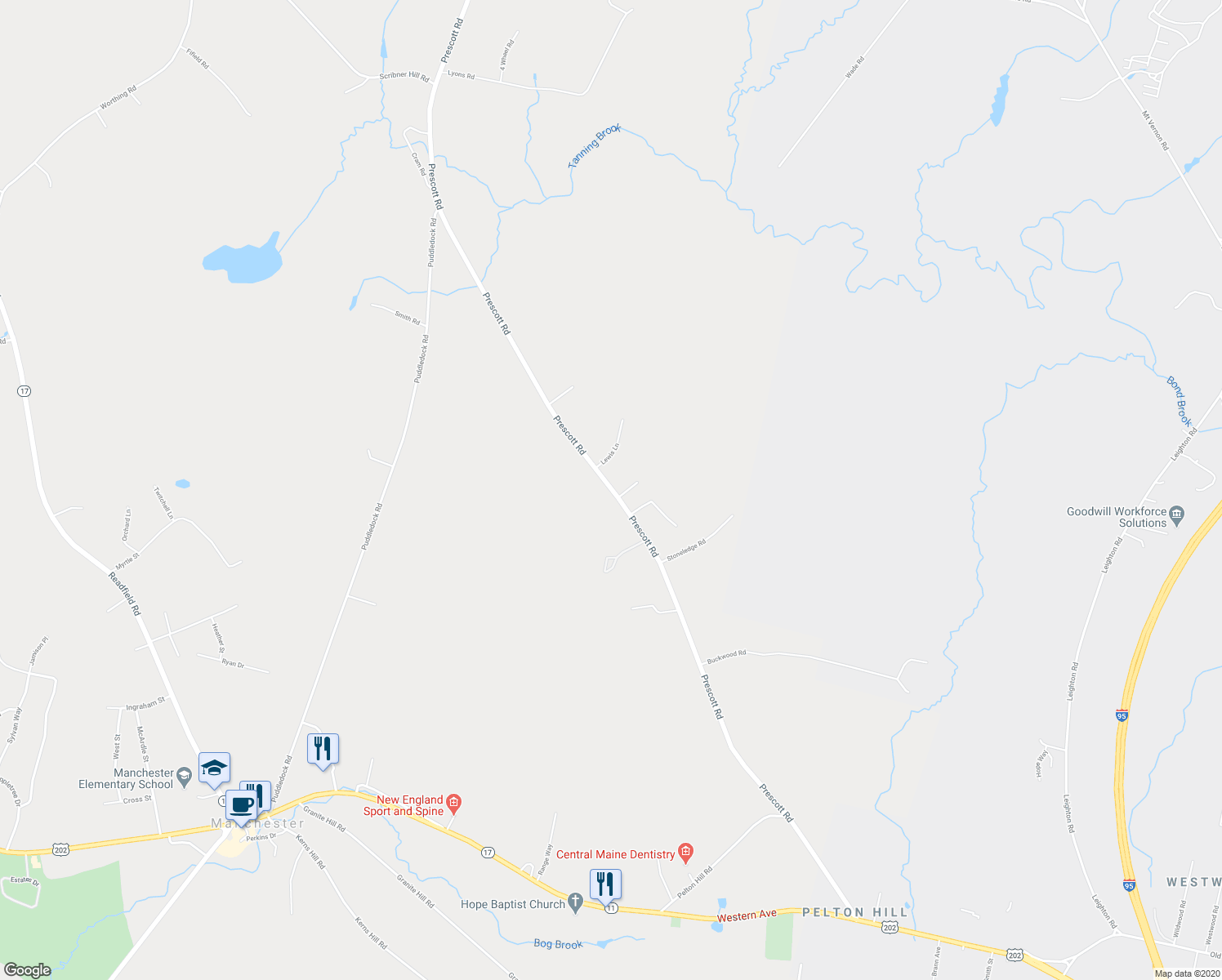 map of restaurants, bars, coffee shops, grocery stores, and more near 273 Prescott Road in Manchester