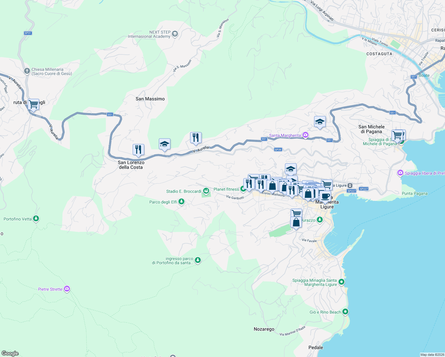 map of restaurants, bars, coffee shops, grocery stores, and more near 7 Via Crosa dell'Oro in Santa Margherita Ligure