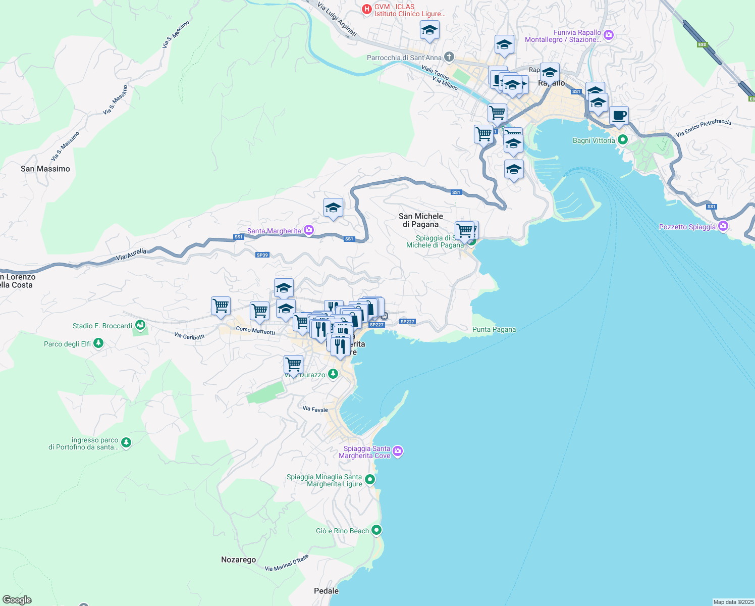 map of restaurants, bars, coffee shops, grocery stores, and more near 7 Via Fiume in Santa Margherita Ligure