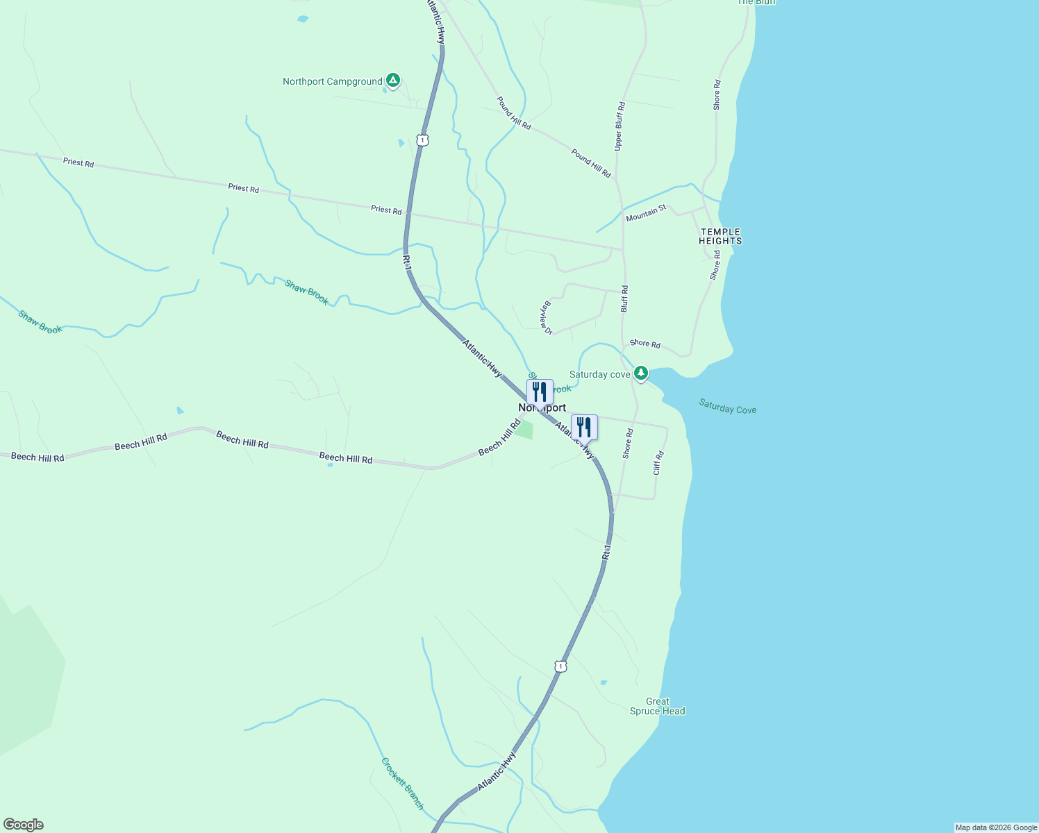 map of restaurants, bars, coffee shops, grocery stores, and more near 8 Beech Hill Road in Northport