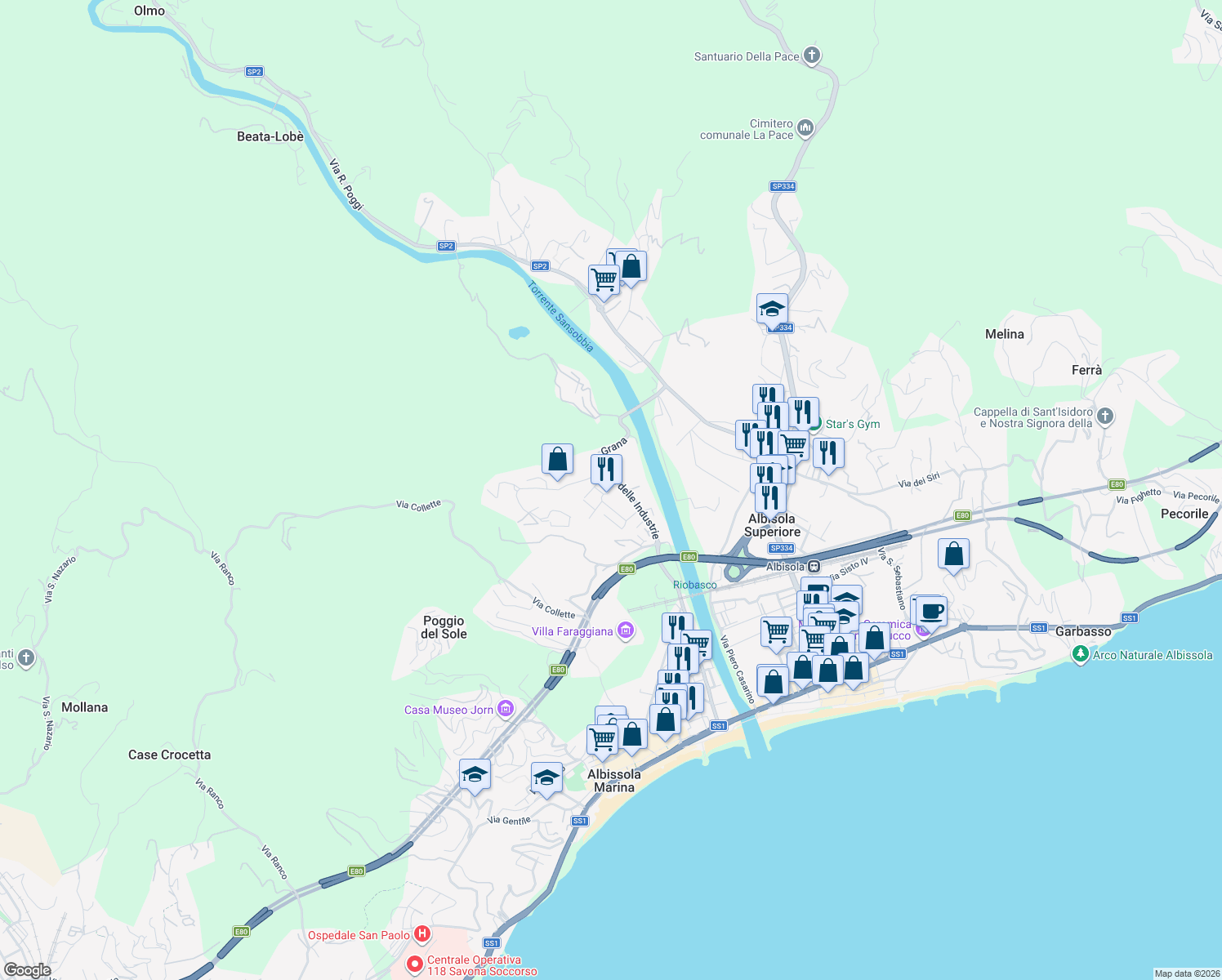 map of restaurants, bars, coffee shops, grocery stores, and more near Via Angelo Barile in Albissola Marina