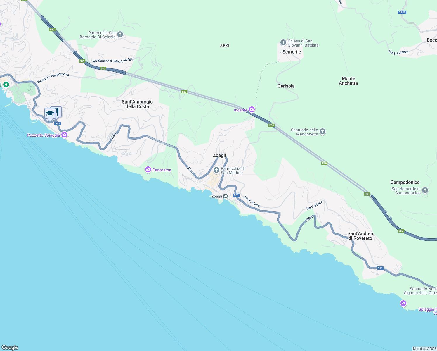 map of restaurants, bars, coffee shops, grocery stores, and more near 7 Via G. Merello in Zoagli