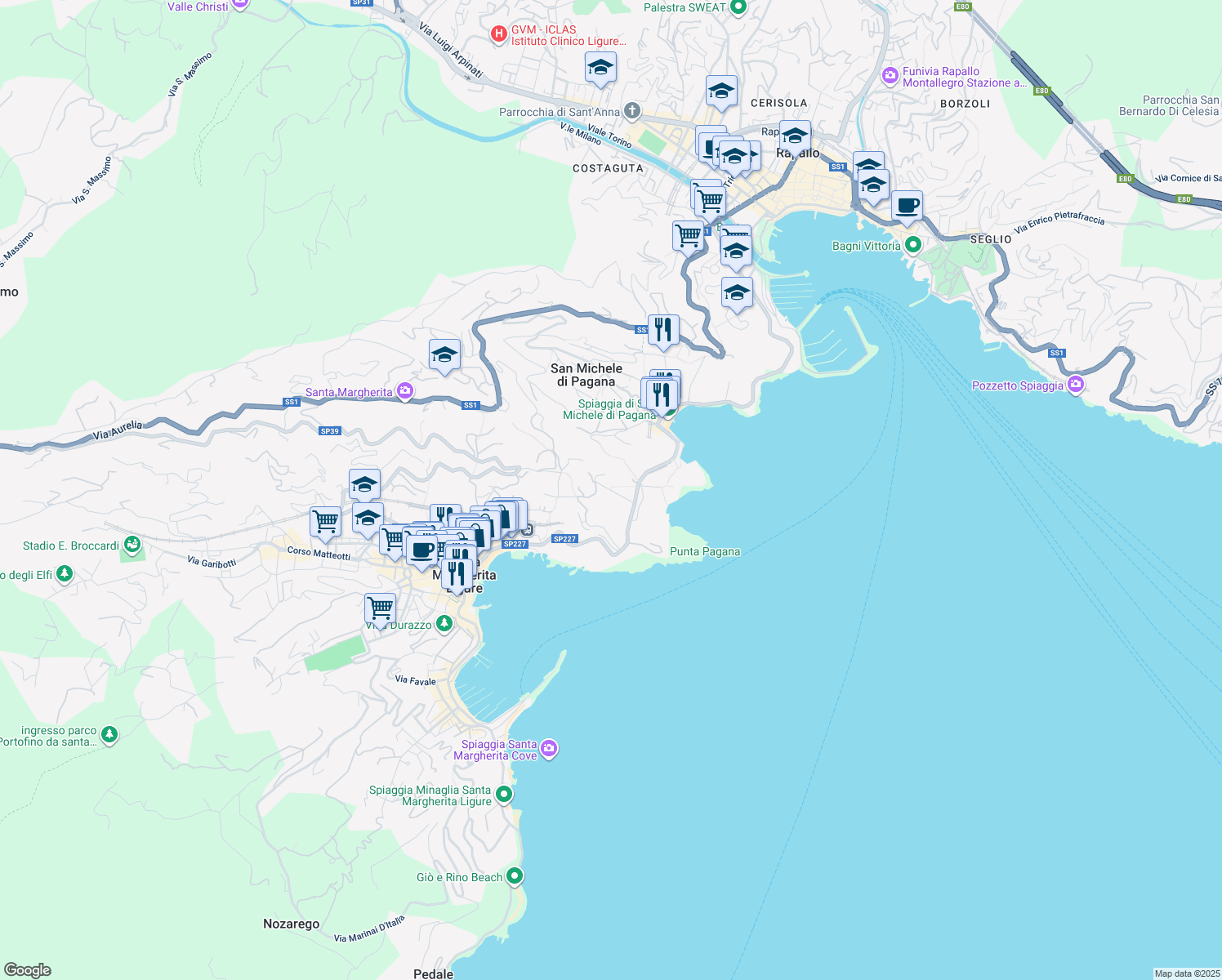 map of restaurants, bars, coffee shops, grocery stores, and more near 6 Via Gimelli in Rapallo
