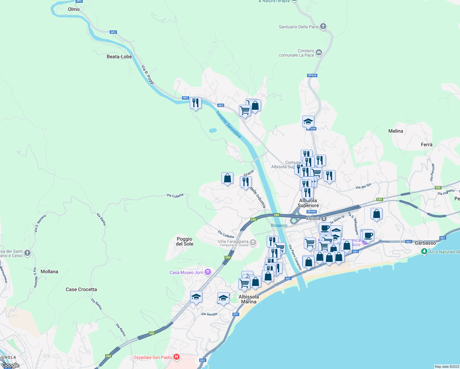 map of restaurants, bars, coffee shops, grocery stores, and more near 39 Via Grana in Albisola Superiore