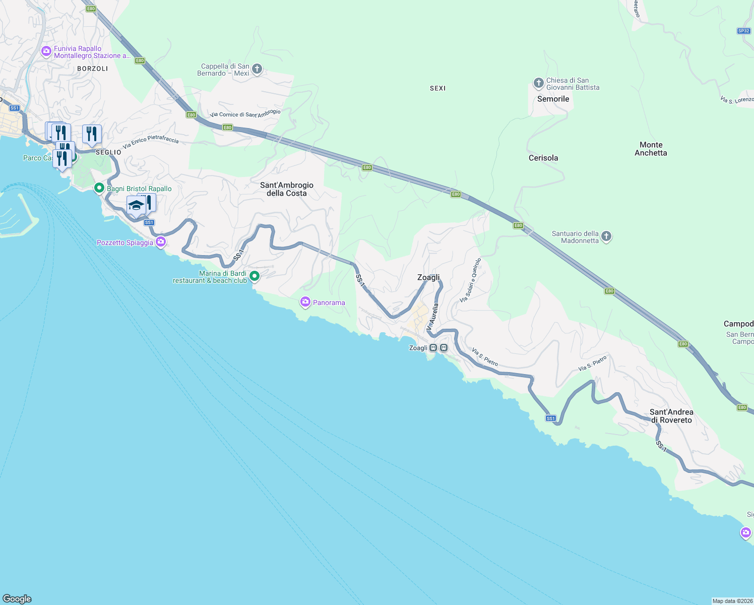 map of restaurants, bars, coffee shops, grocery stores, and more near 206 Strada Statale 1 in Zoagli