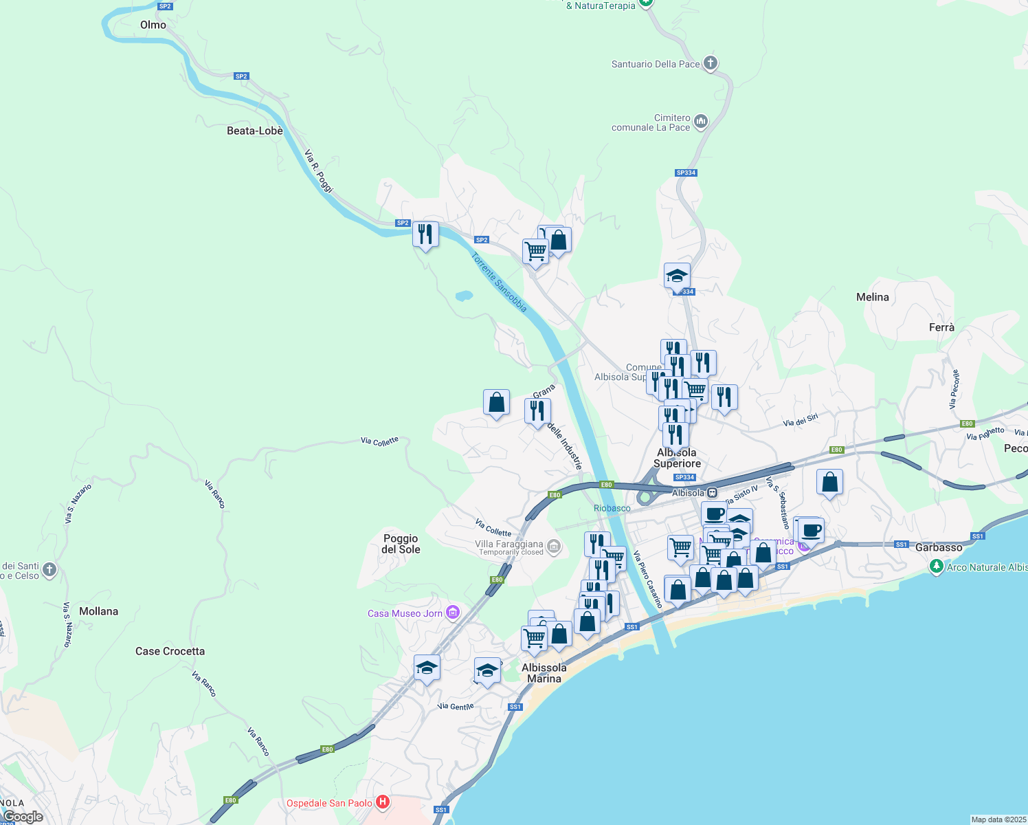 map of restaurants, bars, coffee shops, grocery stores, and more near 39 Via Grana in Albisola Superiore