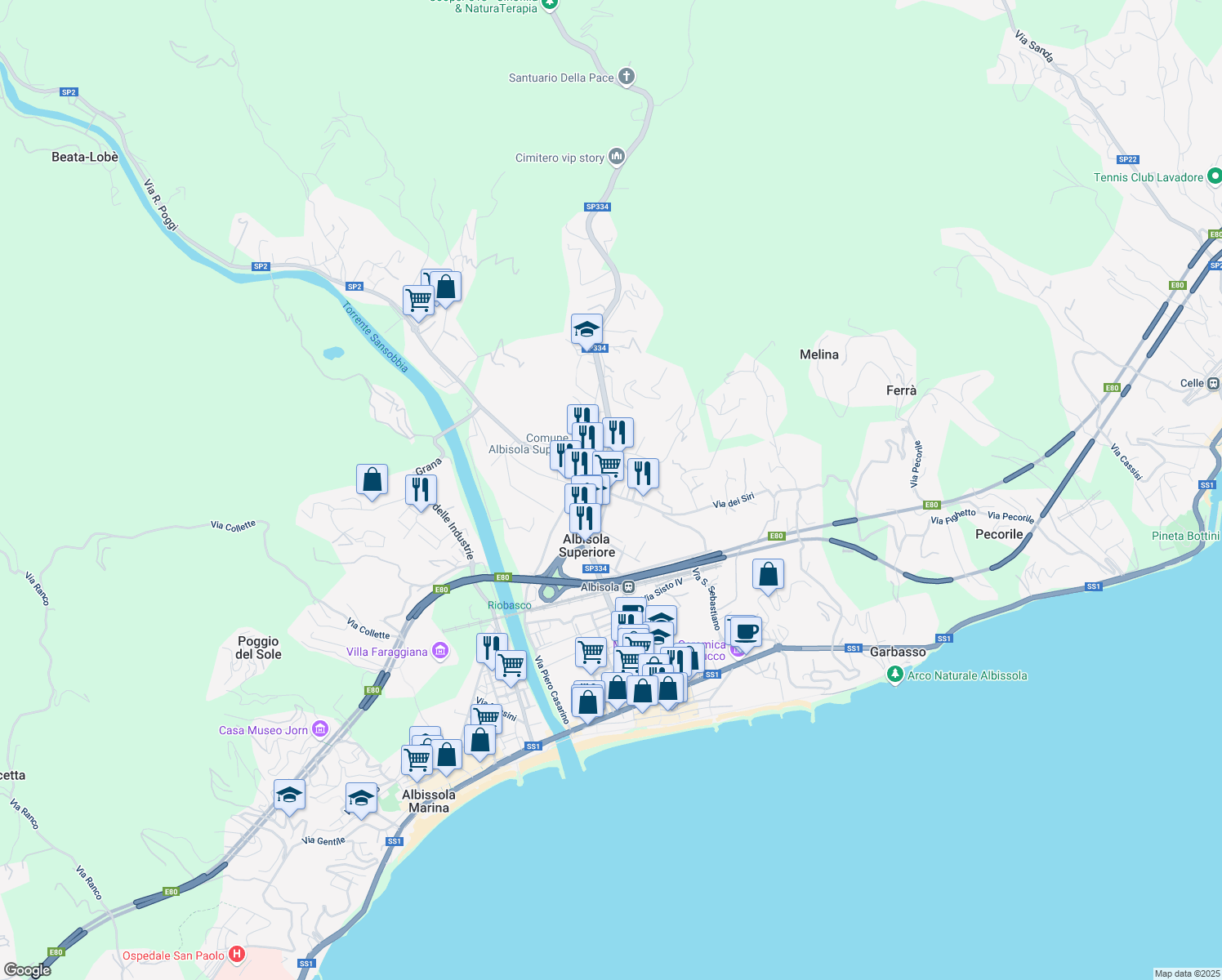 map of restaurants, bars, coffee shops, grocery stores, and more near Via Guelfo d'Albisola in Albisola Superiore