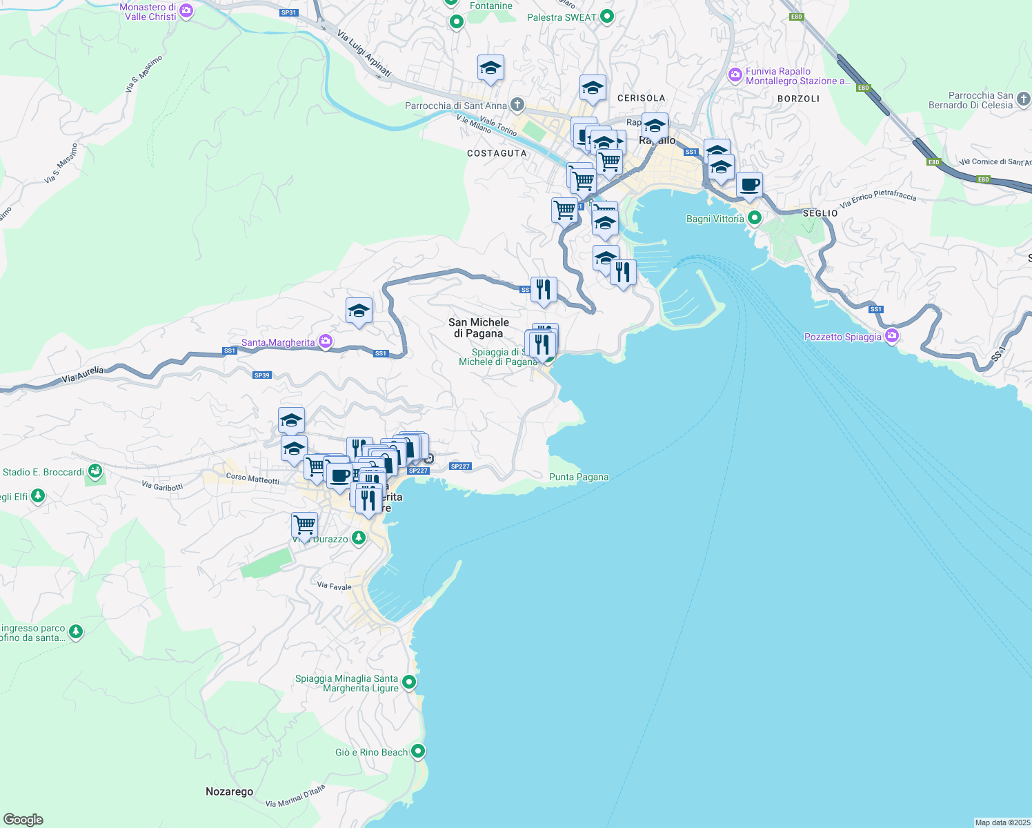 map of restaurants, bars, coffee shops, grocery stores, and more near 154 Via San Michele in Rapallo
