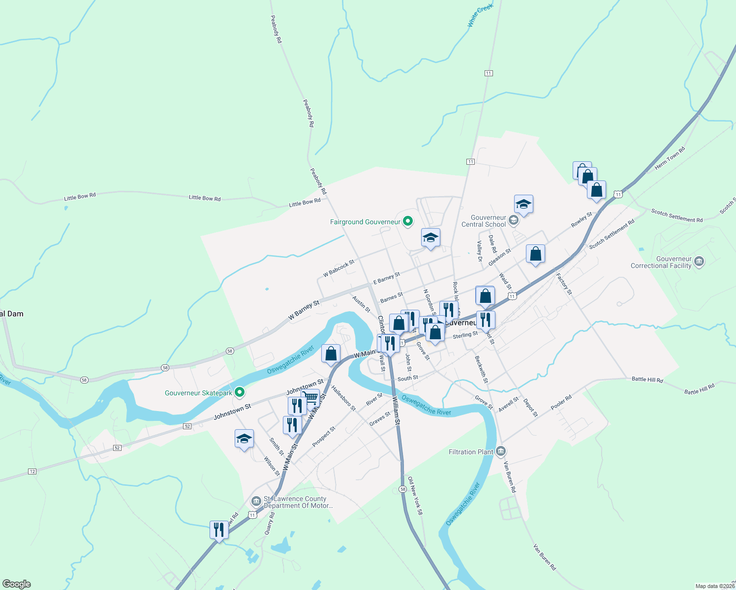 map of restaurants, bars, coffee shops, grocery stores, and more near 105 Clinton Street in Gouverneur