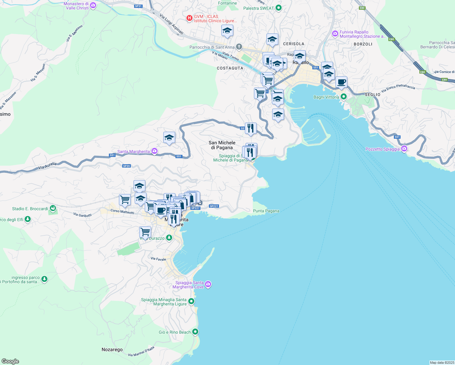 map of restaurants, bars, coffee shops, grocery stores, and more near 6 Via Gimelli in Rapallo