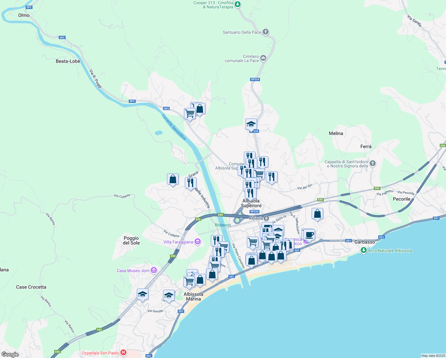 map of restaurants, bars, coffee shops, grocery stores, and more near 23 Via Fodrato in Albisola Superiore