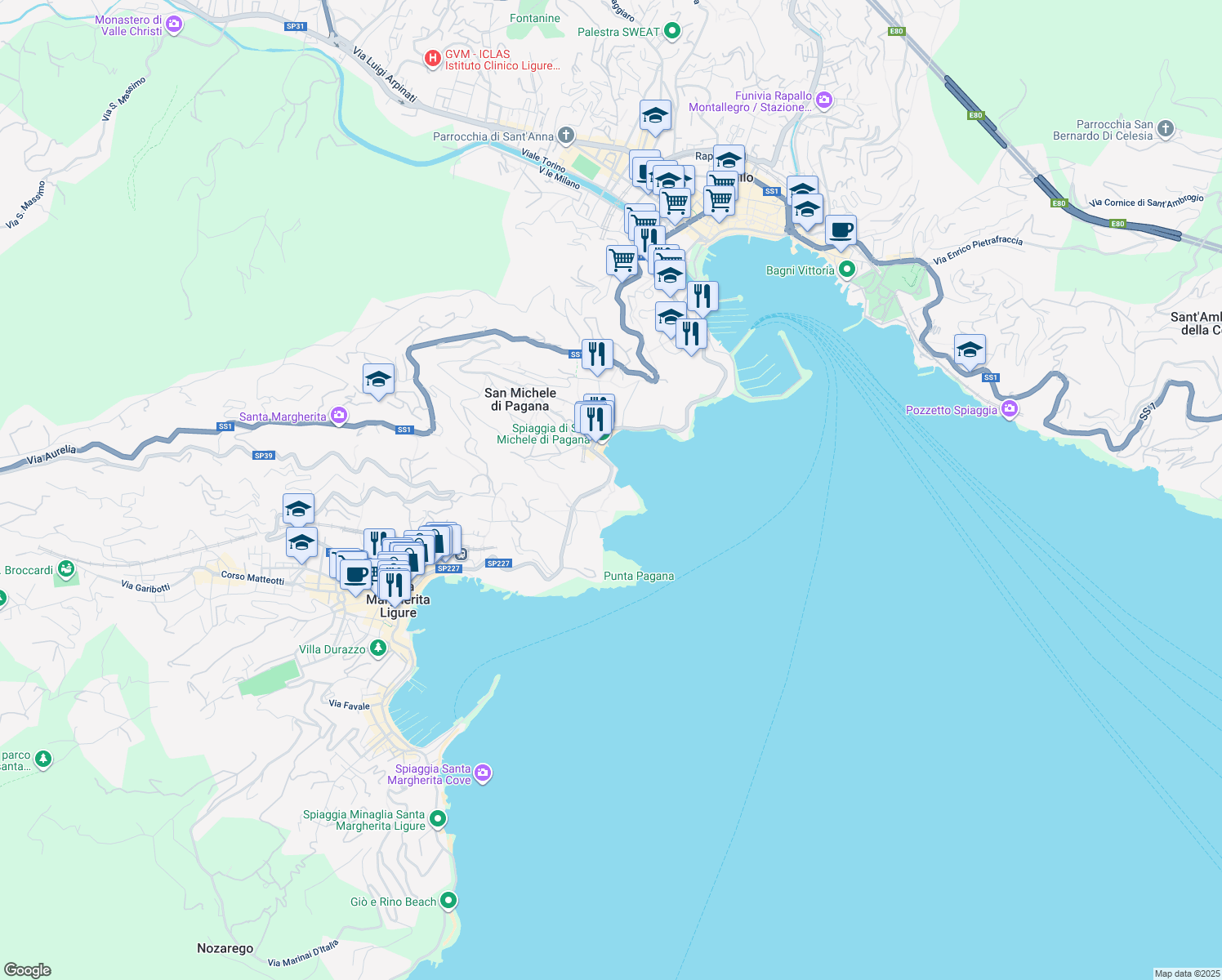 map of restaurants, bars, coffee shops, grocery stores, and more near 37 Via Travello in Rapallo