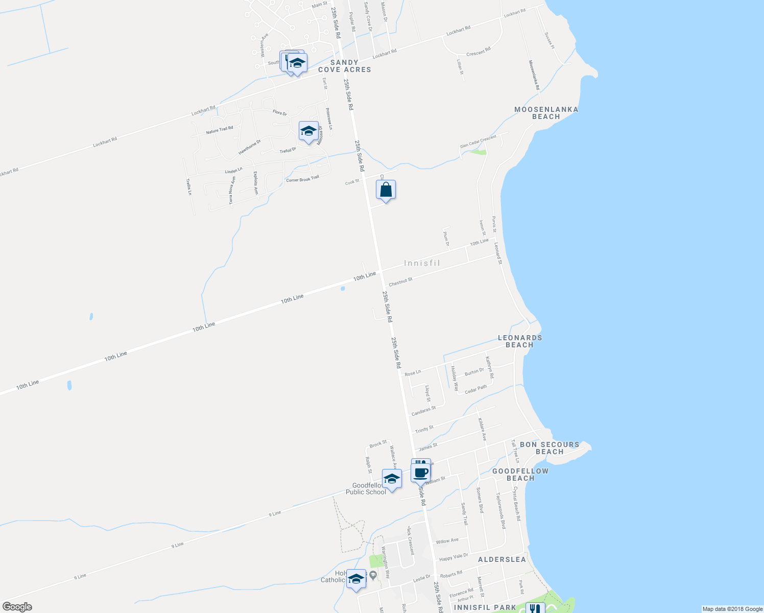 map of restaurants, bars, coffee shops, grocery stores, and more near 2648 25th Side Road in Innisfil