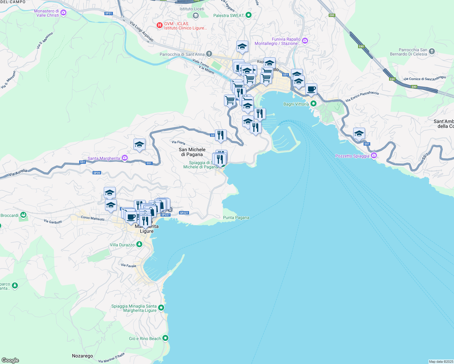 map of restaurants, bars, coffee shops, grocery stores, and more near 37 Via Travello in Rapallo