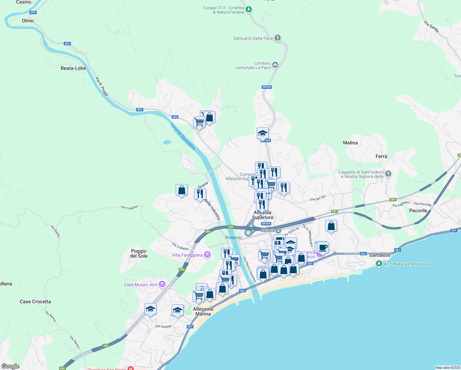 map of restaurants, bars, coffee shops, grocery stores, and more near 23 Via Fodrato in Albisola Superiore