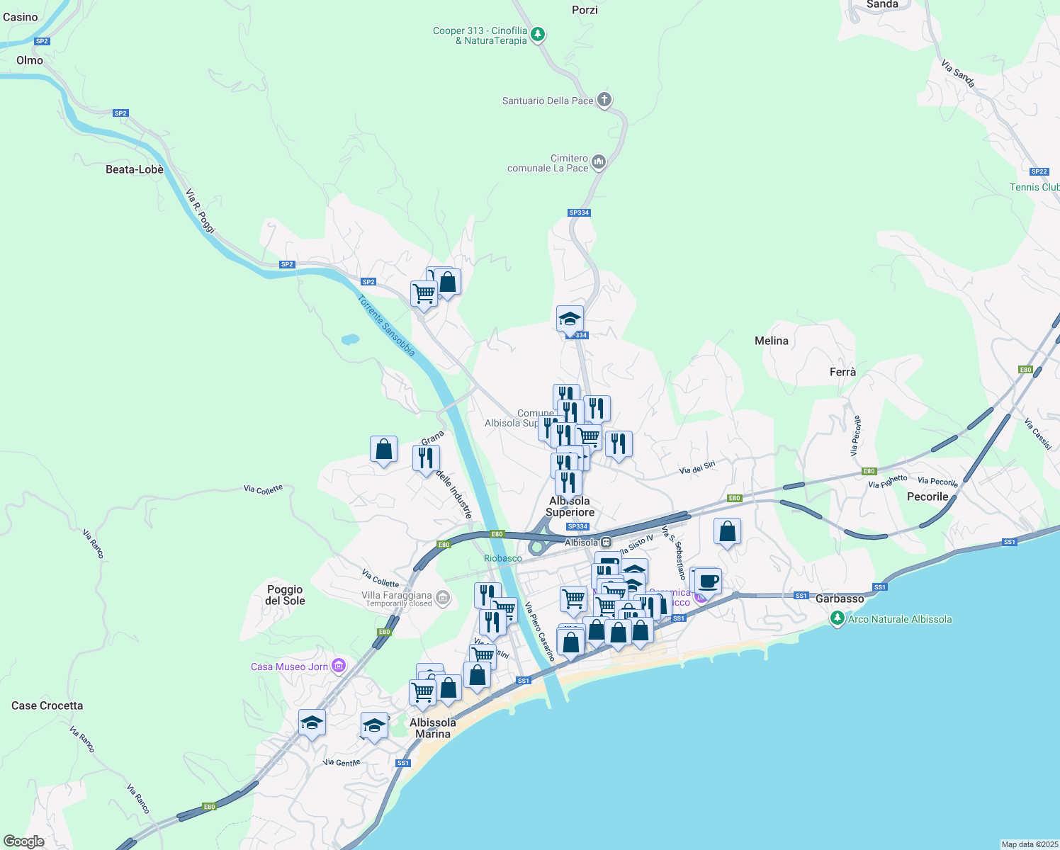 map of restaurants, bars, coffee shops, grocery stores, and more near 5A Via Emilia in Albisola Superiore