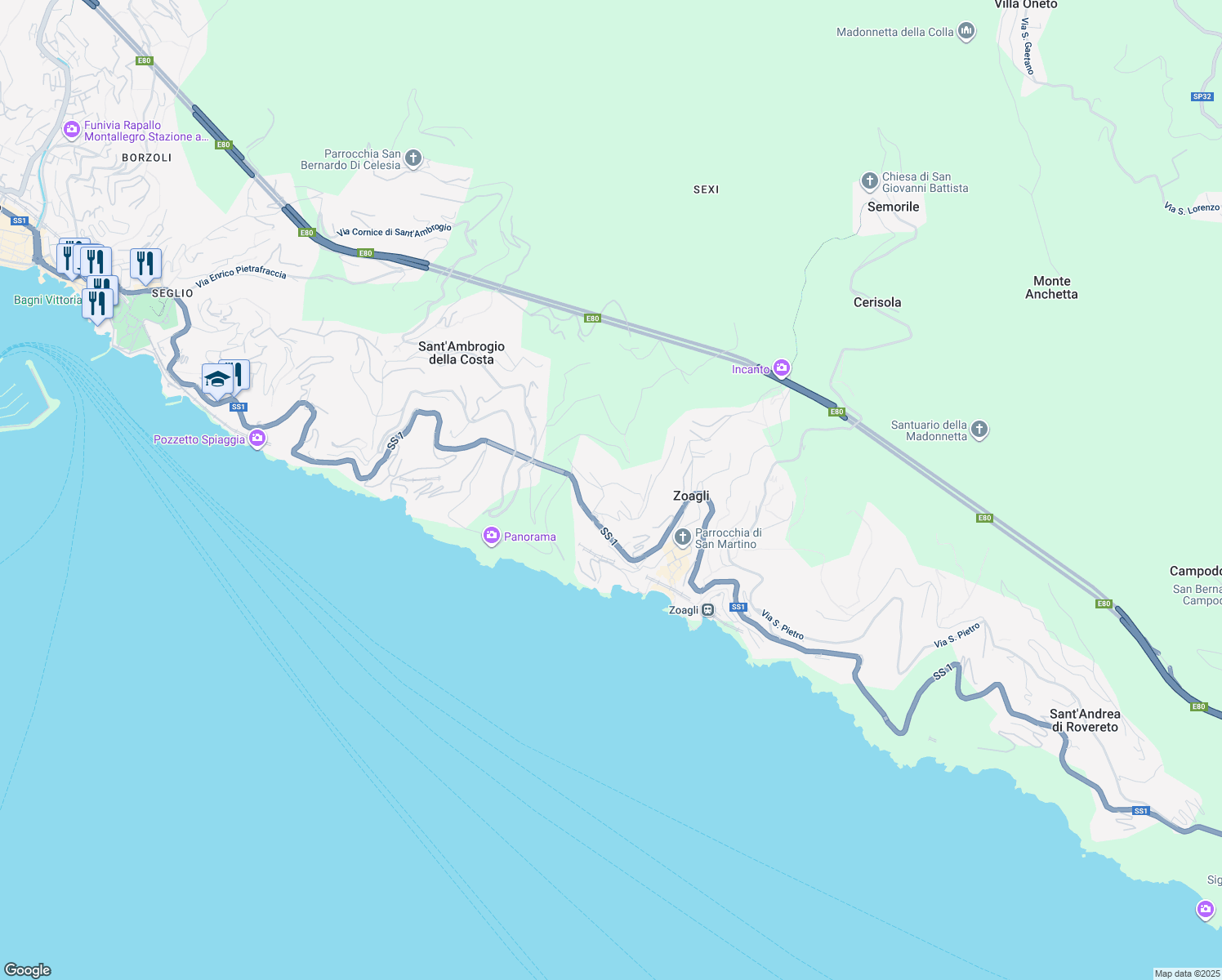 map of restaurants, bars, coffee shops, grocery stores, and more near 10 Via Campodonico in Zoagli