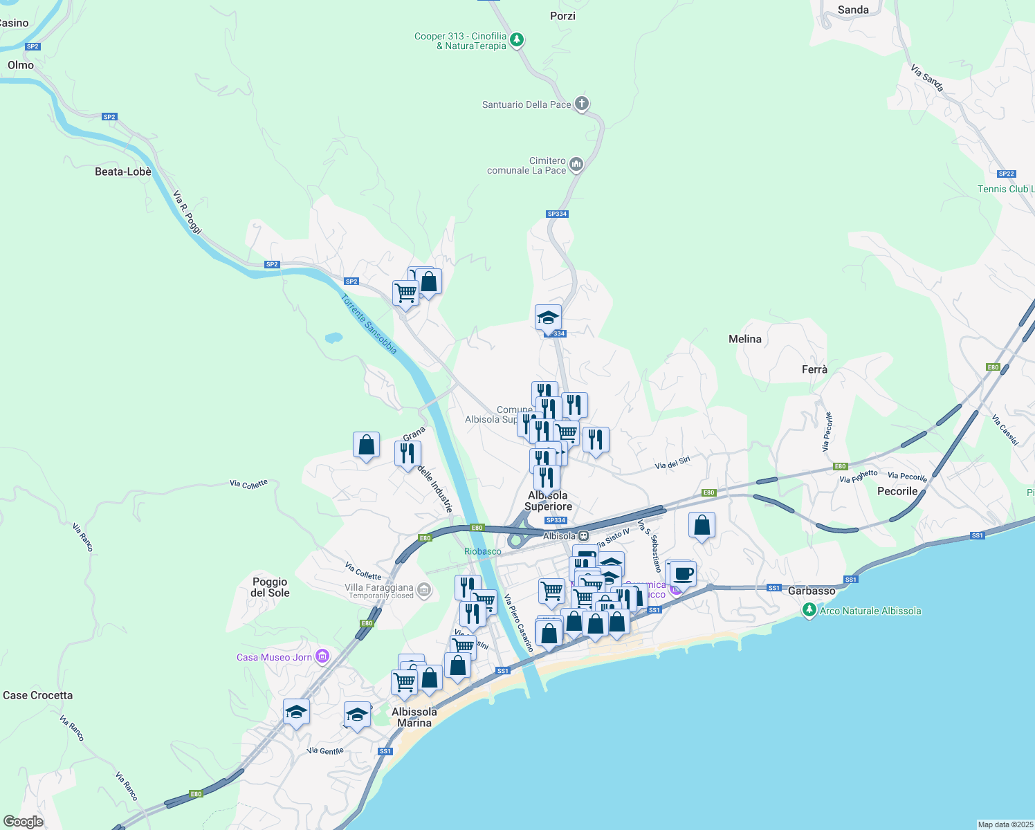 map of restaurants, bars, coffee shops, grocery stores, and more near 5/A Via Emilia in Albisola Superiore