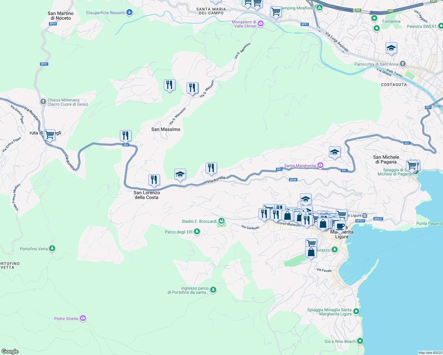 map of restaurants, bars, coffee shops, grocery stores, and more near 50 Via Aurelia in San Lorenzo della Costa