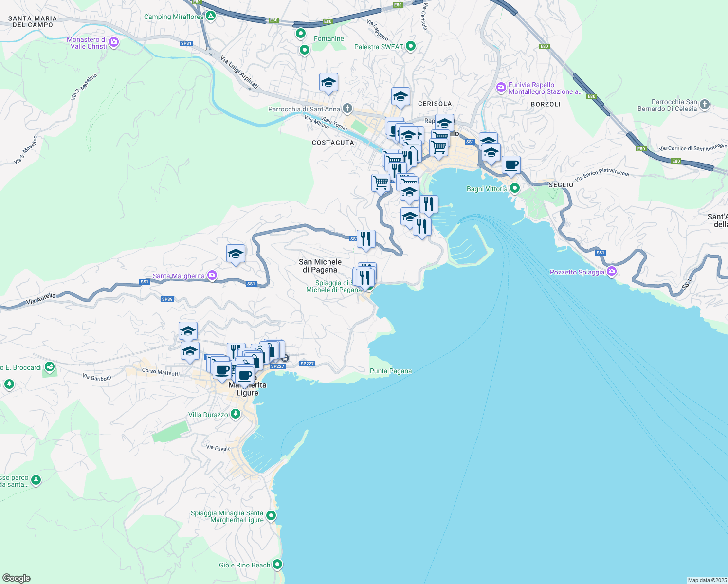 map of restaurants, bars, coffee shops, grocery stores, and more near 154 Via San Michele in Rapallo