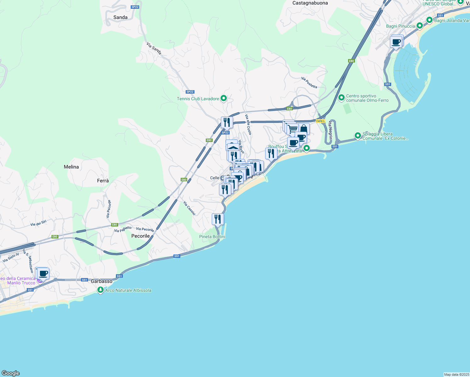 map of restaurants, bars, coffee shops, grocery stores, and more near 128 Via Aicardi in Celle Ligure