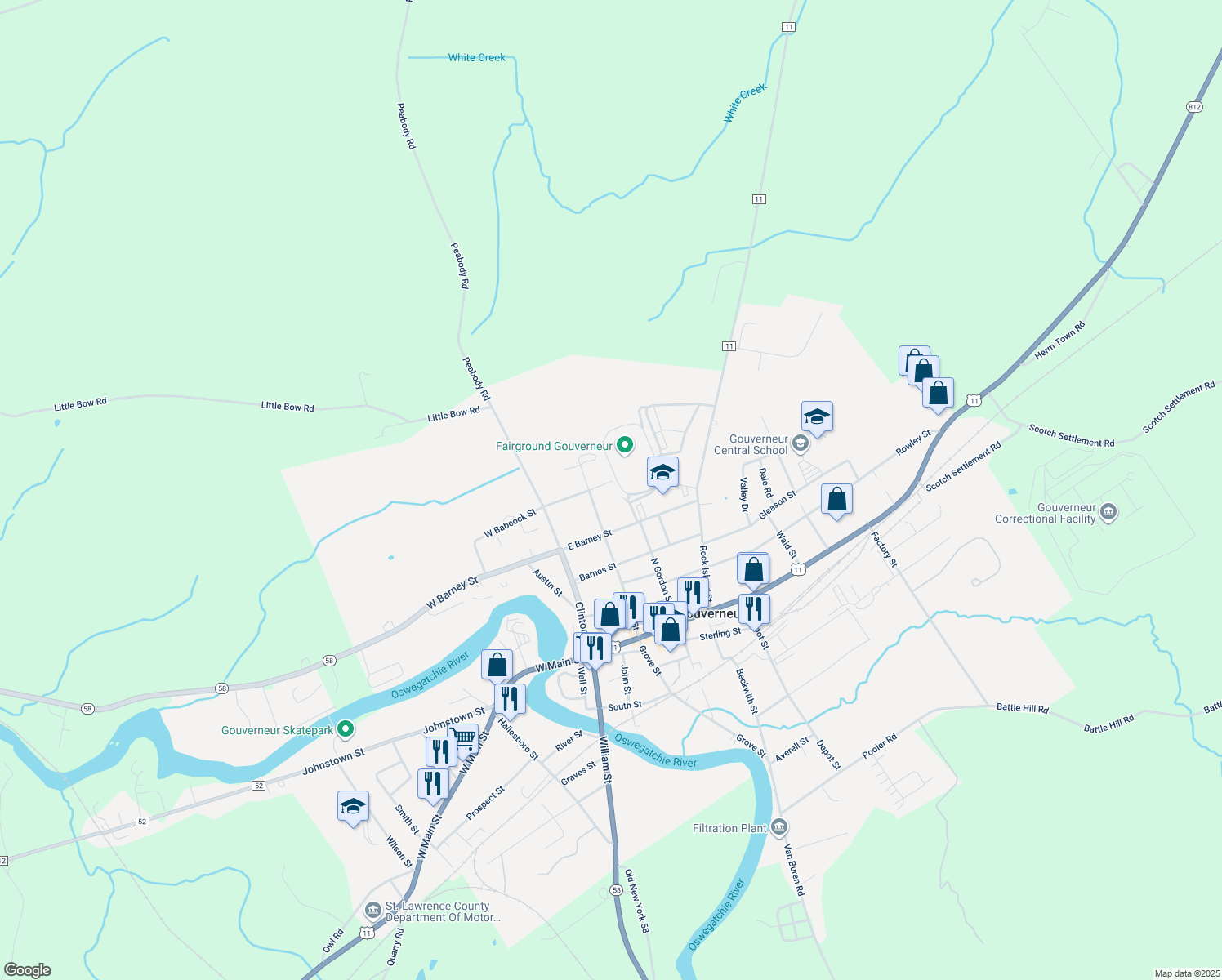 map of restaurants, bars, coffee shops, grocery stores, and more near 70 E Babcock St in Gouverneur