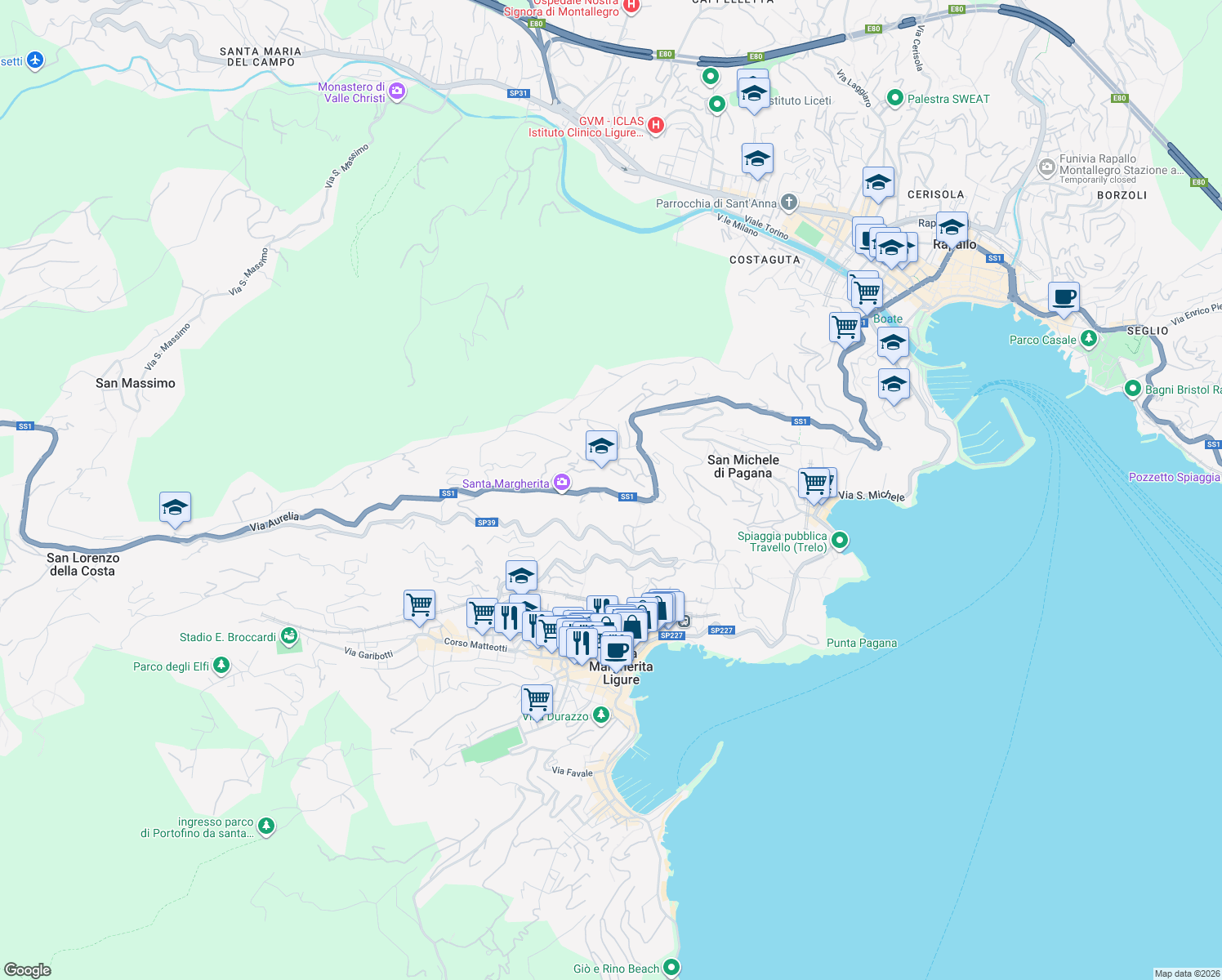 map of restaurants, bars, coffee shops, grocery stores, and more near 2 Strada Statale 1 in Santa Margherita Ligure
