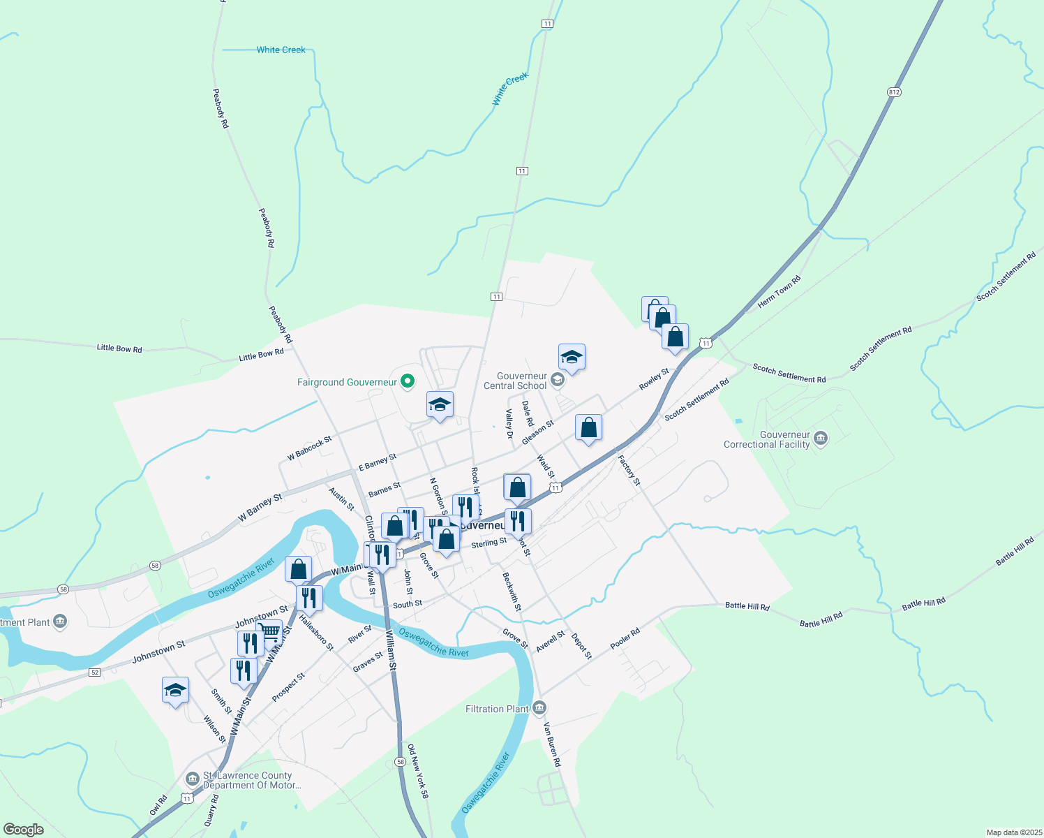map of restaurants, bars, coffee shops, grocery stores, and more near 21 Dale Rd in Gouverneur