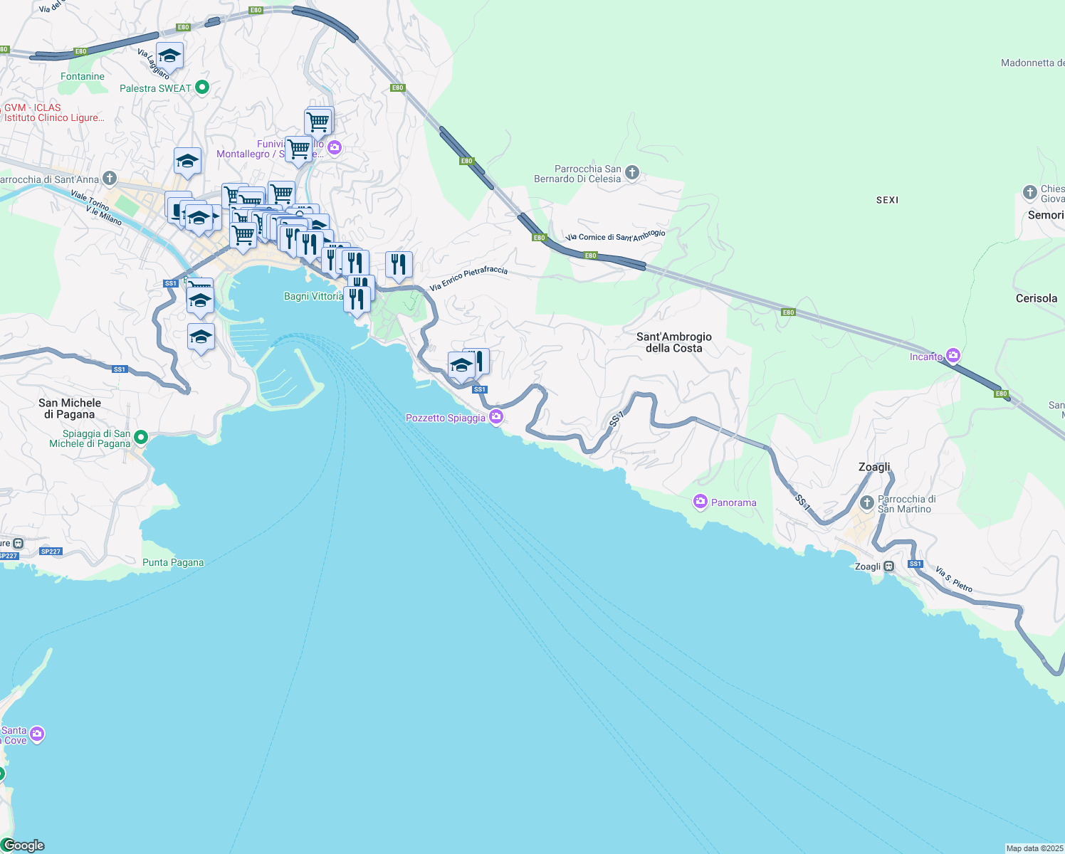 map of restaurants, bars, coffee shops, grocery stores, and more near 267 Strada Statale 1 in Zoagli