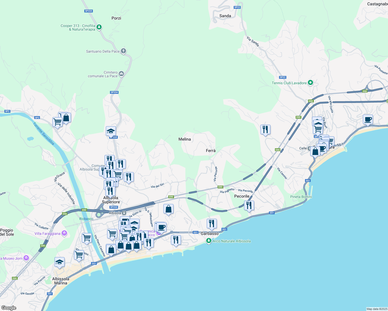 map of restaurants, bars, coffee shops, grocery stores, and more near 39 Via Melina in Celle Ligure
